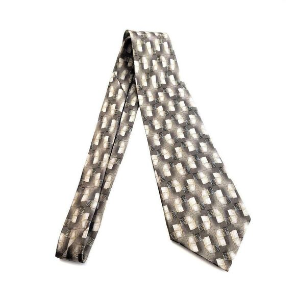 Pierre Cardin Beige Tan‎ Abstract Geometric Print Long Wide Silk Tie - Picture 6 of 6